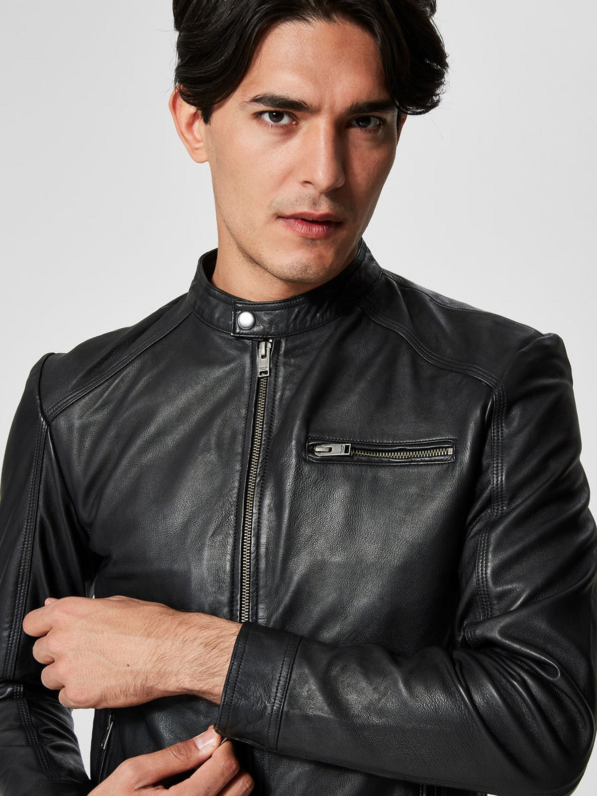 Men Black Moto Notch Collar Leather Jacket - Frozva.com