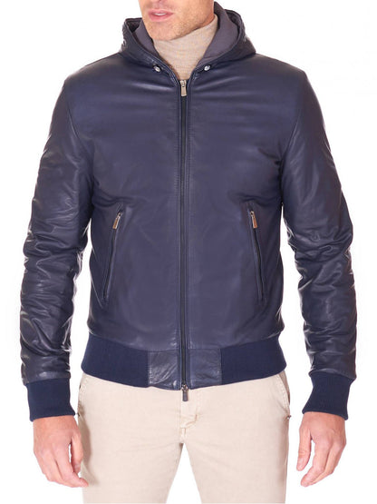 Blue Hooded Natural leather bomber jacket