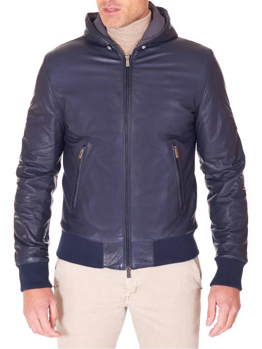 Blue Hooded Natural leather bomber jacket