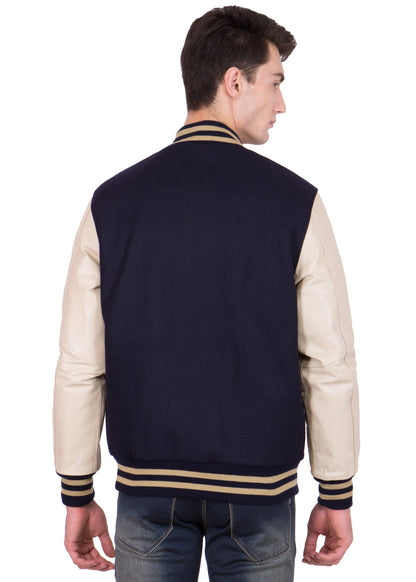 White Leather Sleeves Blue Wool Varsity Jacket