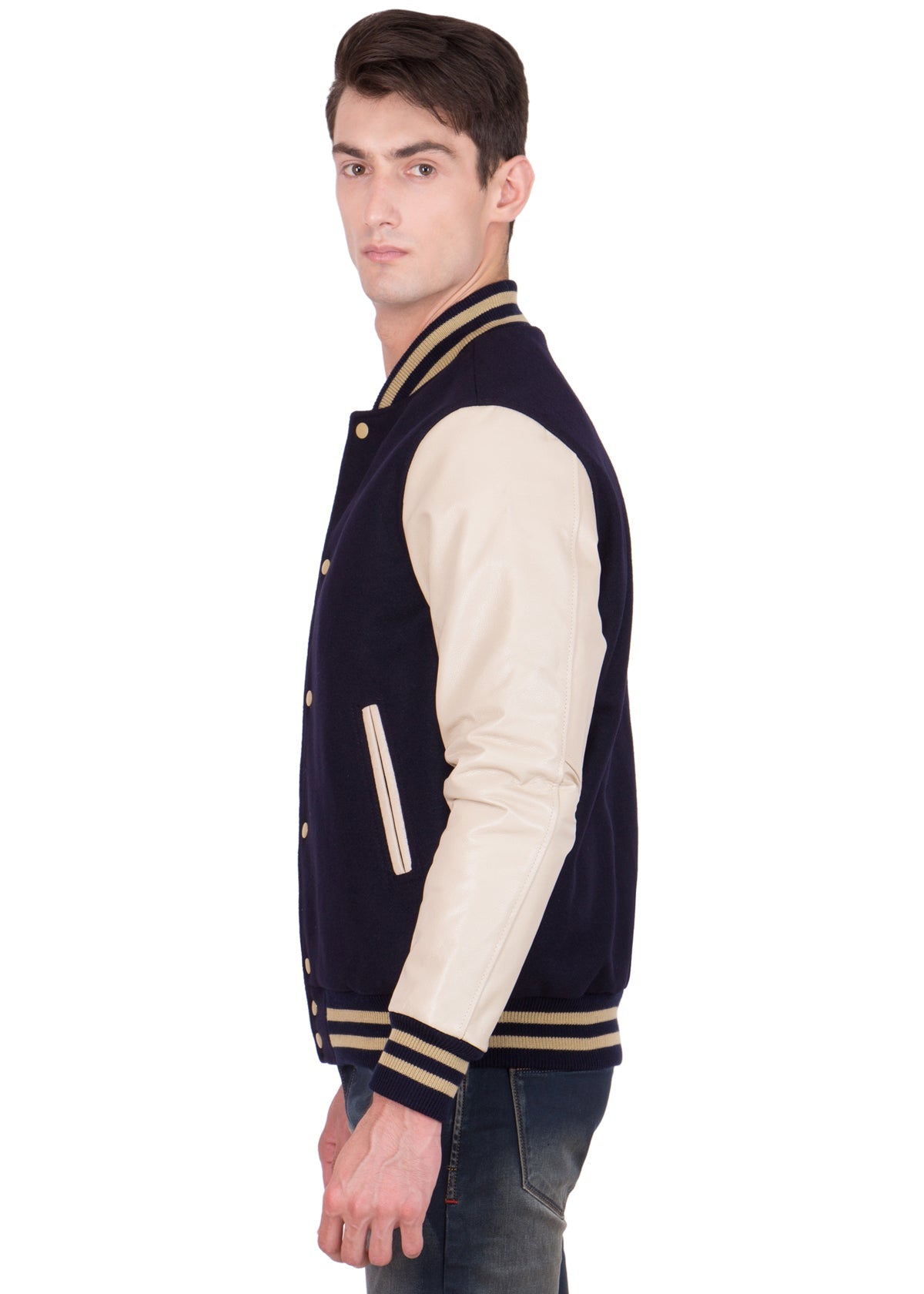 White Leather Sleeves Blue Wool Varsity Jacket