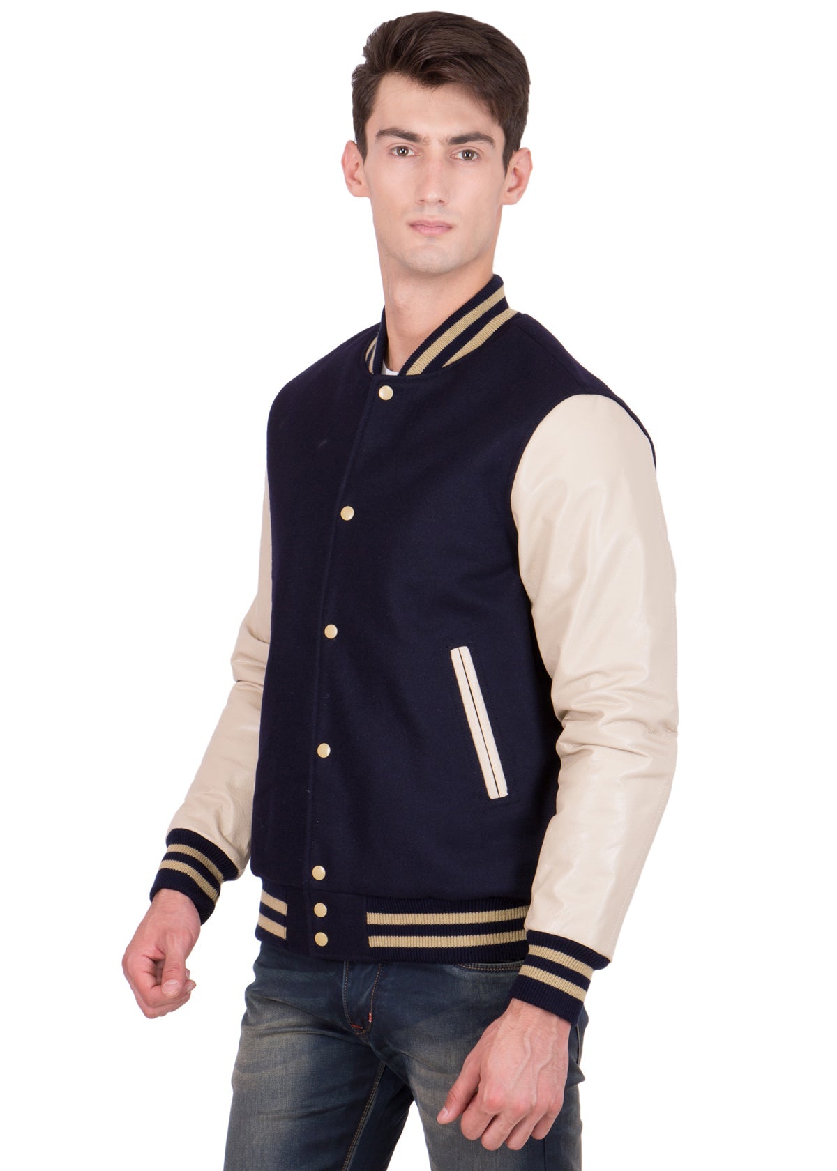 White Leather Sleeves Blue Wool Varsity Jacket