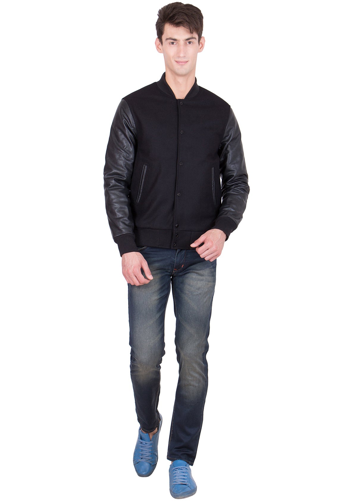 Black Leather Sleeves Wool Varsity Jacket