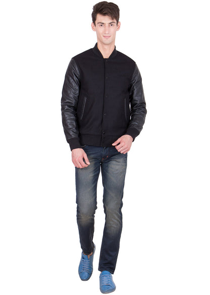 Black Leather Sleeves Wool Varsity Jacket