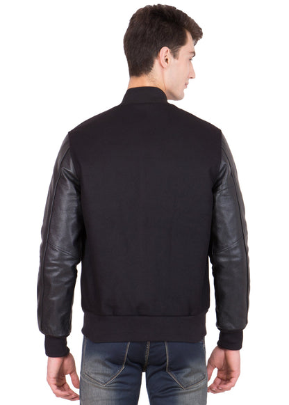 Black Leather Sleeves Wool Varsity Jacket