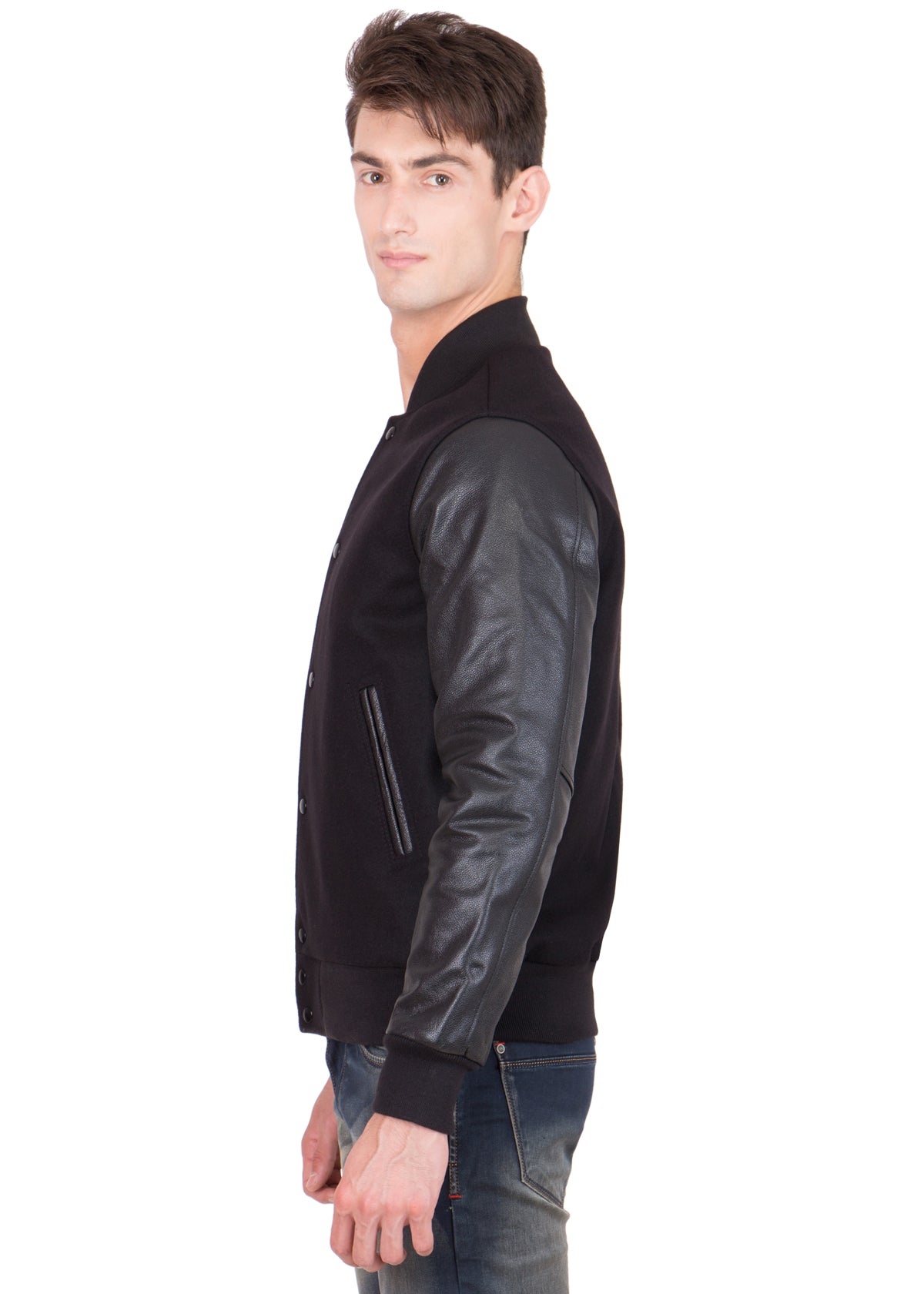 Black Leather Sleeves Wool Varsity Jacket