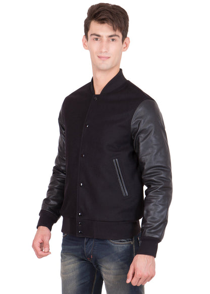 Black Leather Sleeves Wool Varsity Jacket