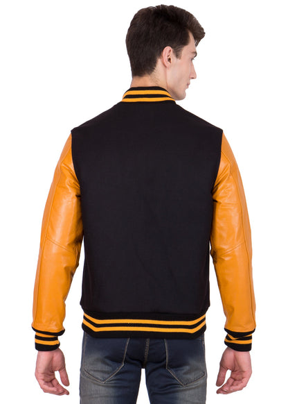 Yellow Leather Sleeves Black Wool Varsity Jacket