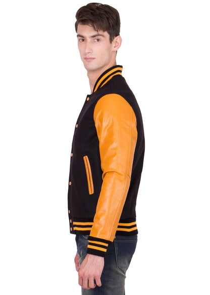 Yellow Leather Sleeves Black Wool Varsity Jacket