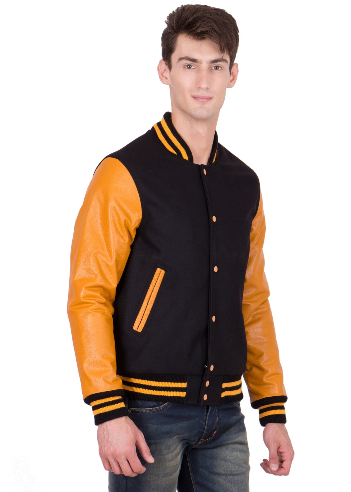 Yellow Leather Sleeves Black Wool Varsity Jacket