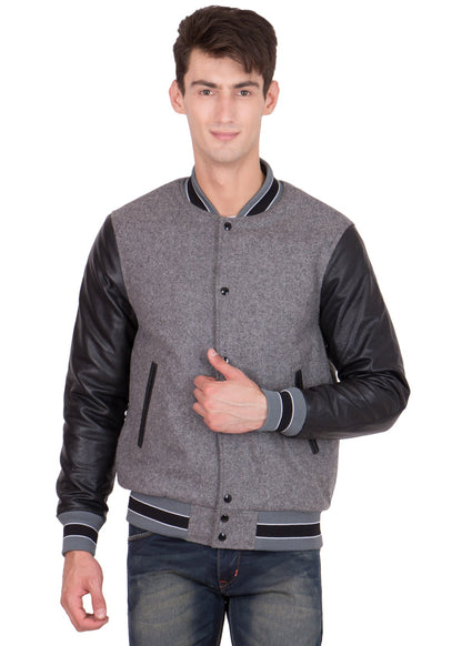 BLACK LEATHER SLEEVES & GREY WOOL BODY VARSITY JACKET