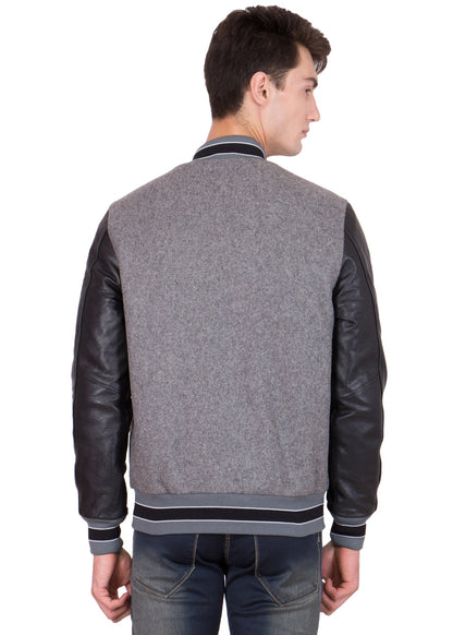 BLACK LEATHER SLEEVES & GREY WOOL BODY VARSITY JACKET