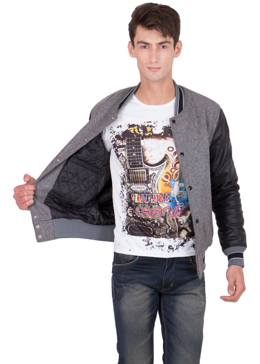 BLACK LEATHER SLEEVES & GREY WOOL BODY VARSITY JACKET