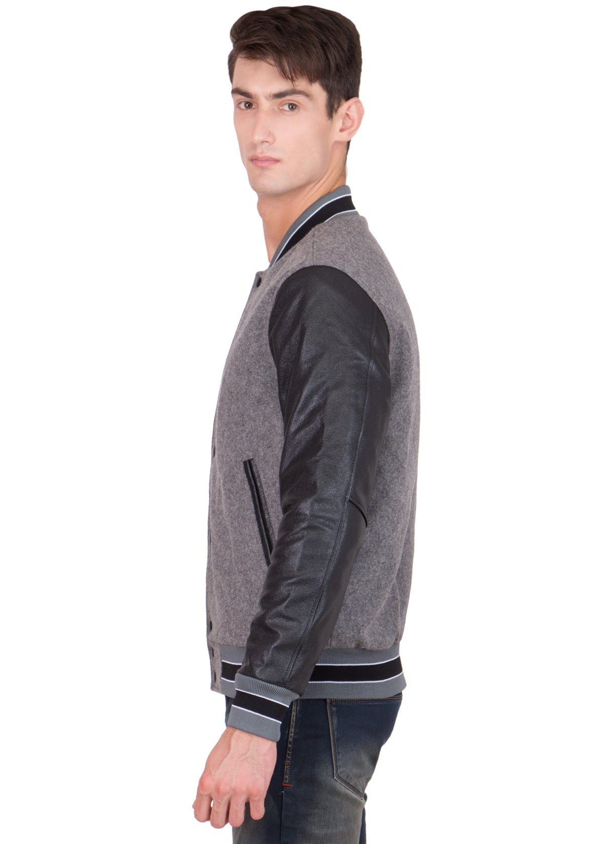 BLACK LEATHER SLEEVES & GREY WOOL BODY VARSITY JACKET