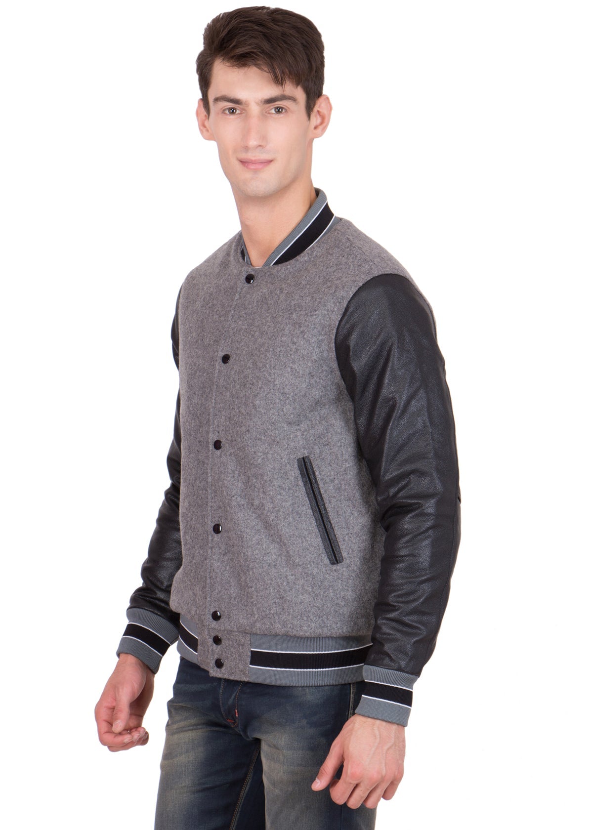 Black Leather Sleeves Grey Wool Varsity Jacket