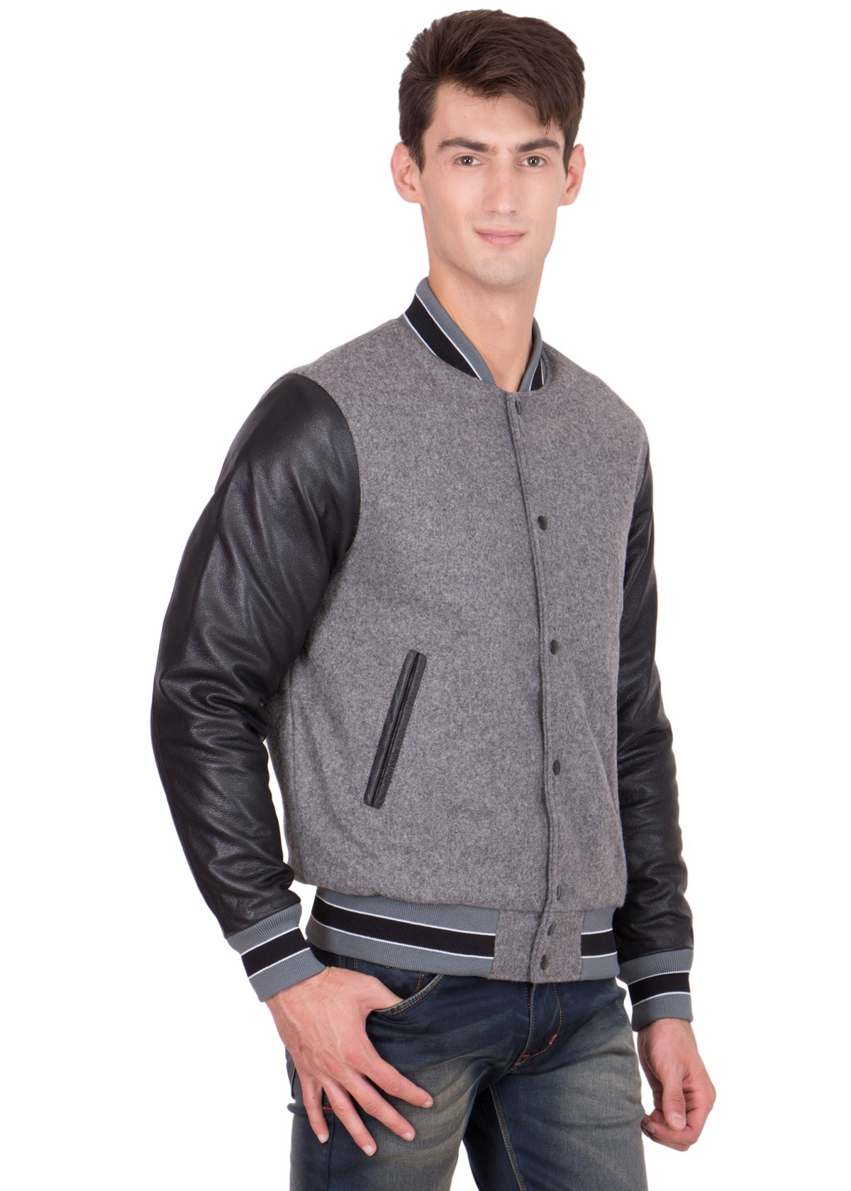 BLACK LEATHER SLEEVES & GREY WOOL BODY VARSITY JACKET