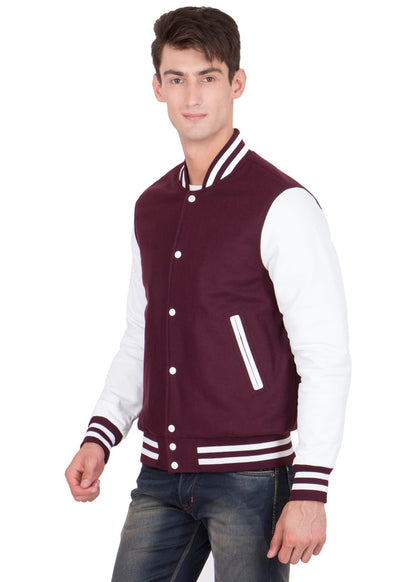 Mens Maroon and White Varsity Jacket - Frozva