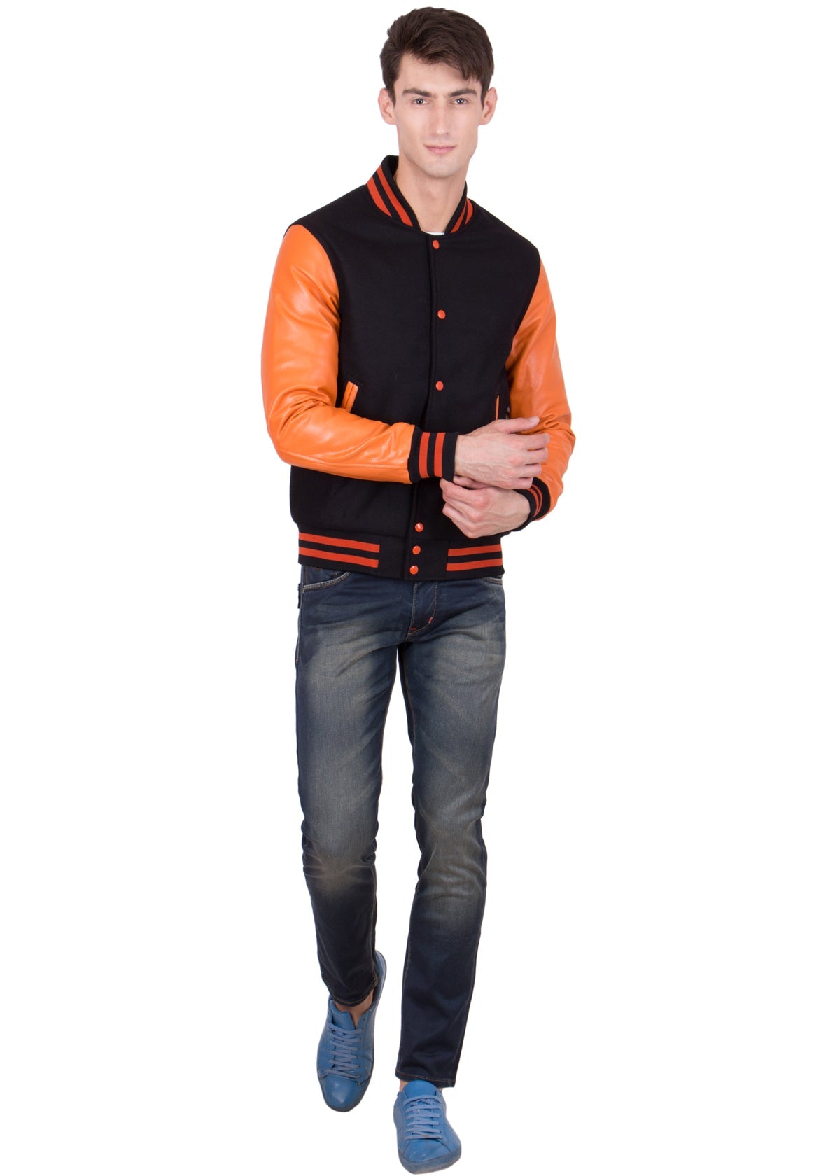 Orange Leather Sleeves Black Wool Varsity Jacket