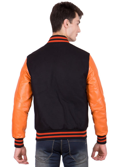 Orange Leather Sleeves Black Wool Varsity Jacket