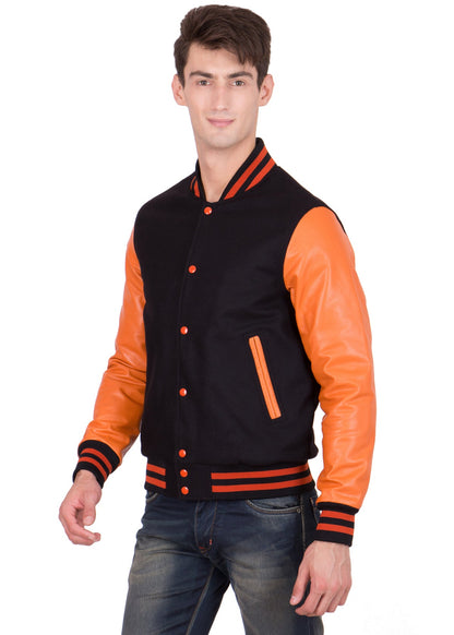 Orange Leather Sleeves Black Wool Varsity Jacket