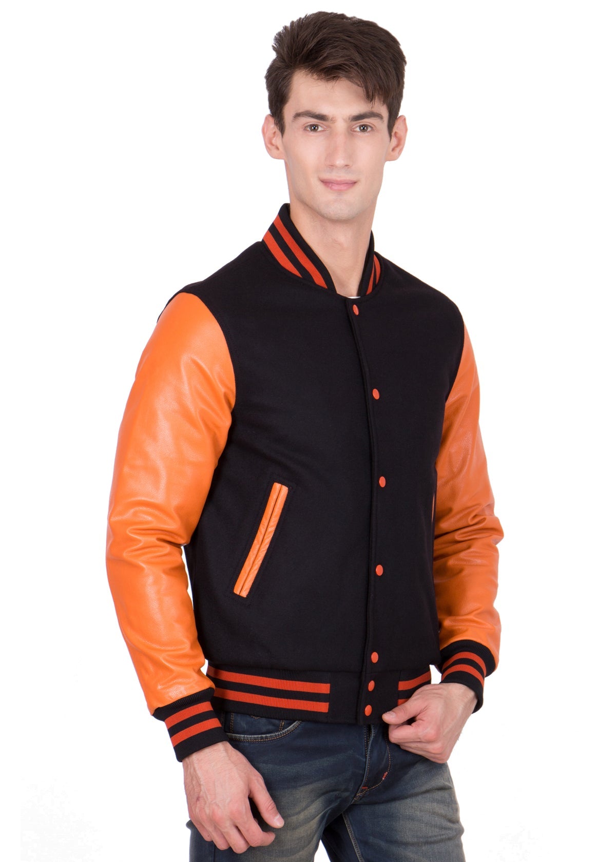 Orange Leather Sleeves Black Wool Varsity Jacket