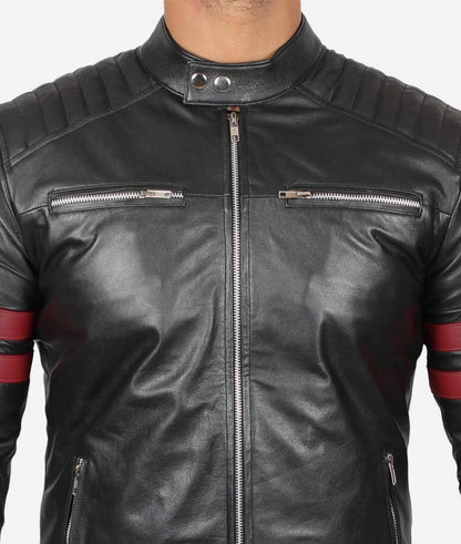 Mens Black Quilted Red Stripe Cafe Racer Leather Motorcycle Jacket