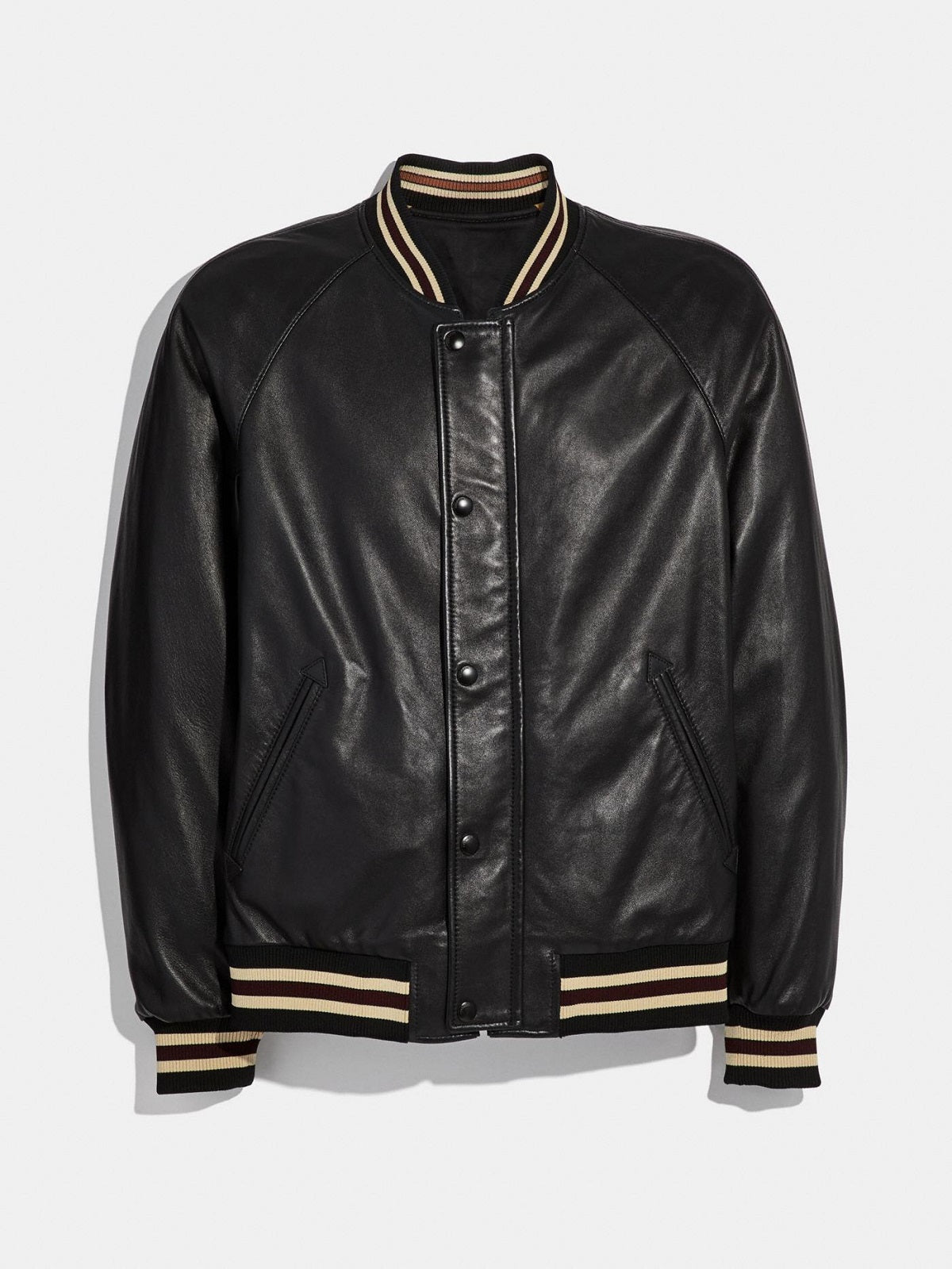 Men College Black Bomber Leather Varsity Jacket- Frozva