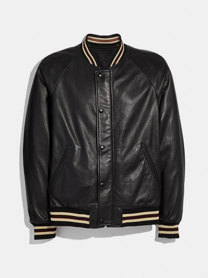 Men College Black Bomber Leather Varsity Jacket- Frozva