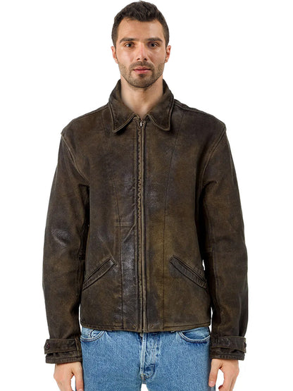 Men's Retro Genuine Brown Leather Jacket - Frozva.com