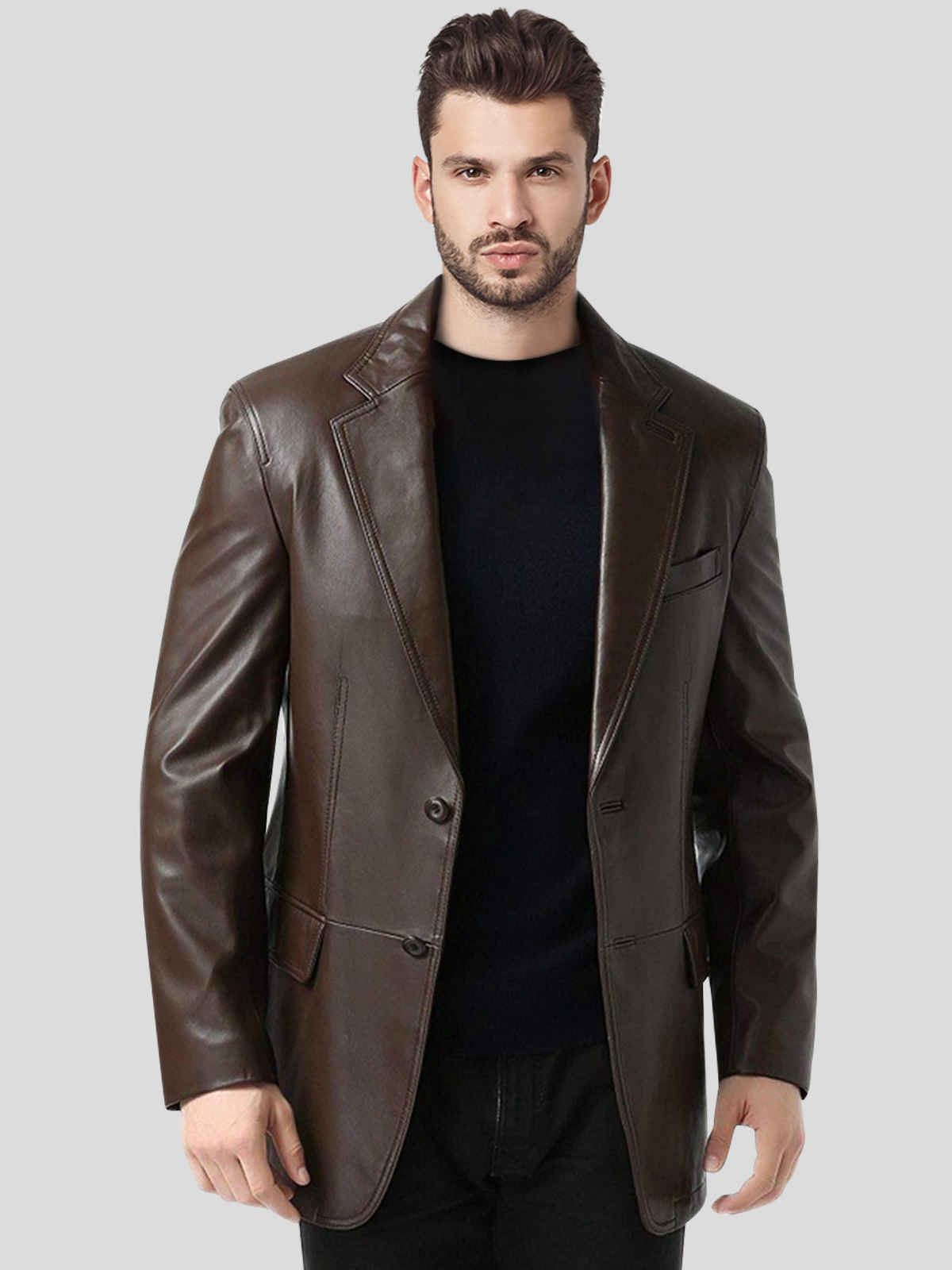 Mens Brown Single Breasted  Leather Blazer Coat