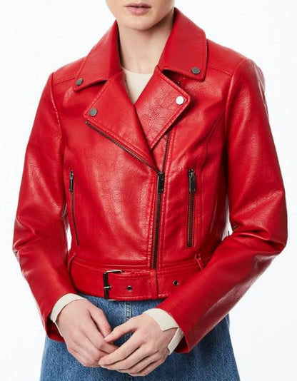 Women Royal Red Moto Style Faux Leather Jacket