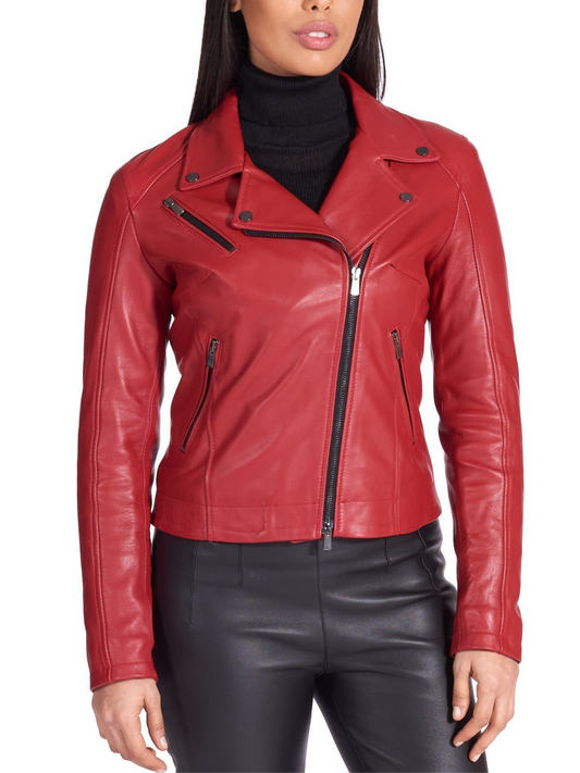 Genuine Red Leather Biker Jacket Women - Frozva