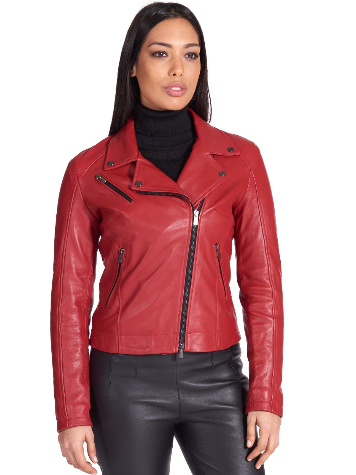 Genuine Red Leather Biker Jacket Women - Frozva