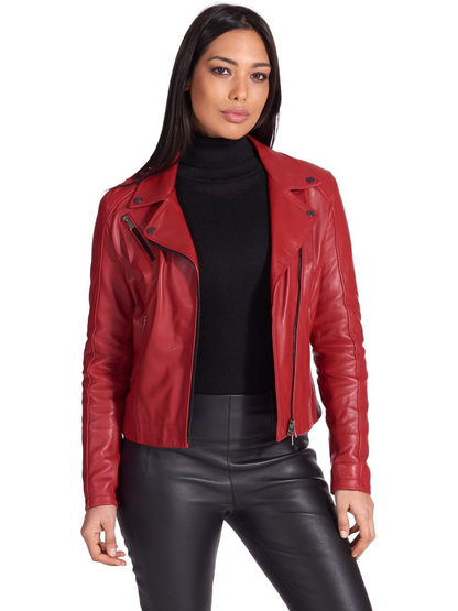 Genuine Red Leather Biker Jacket Women - Frozva