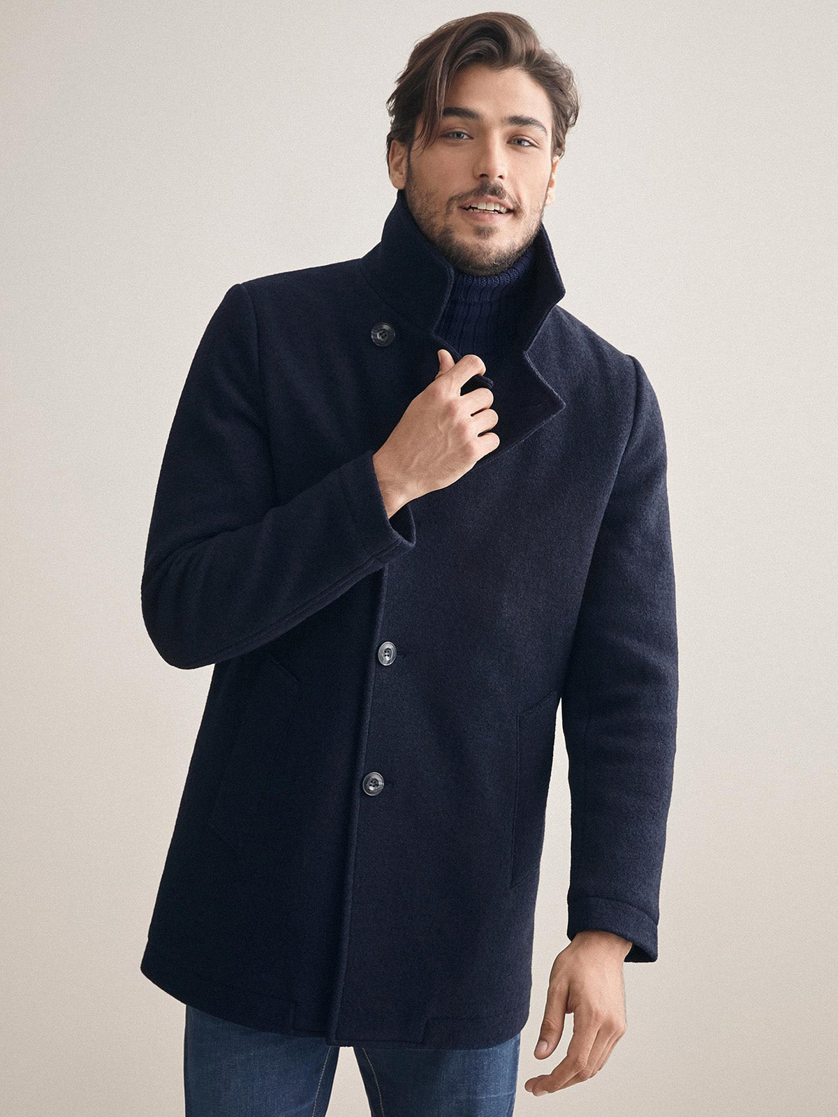 Mens Modern Blue Wool Coat