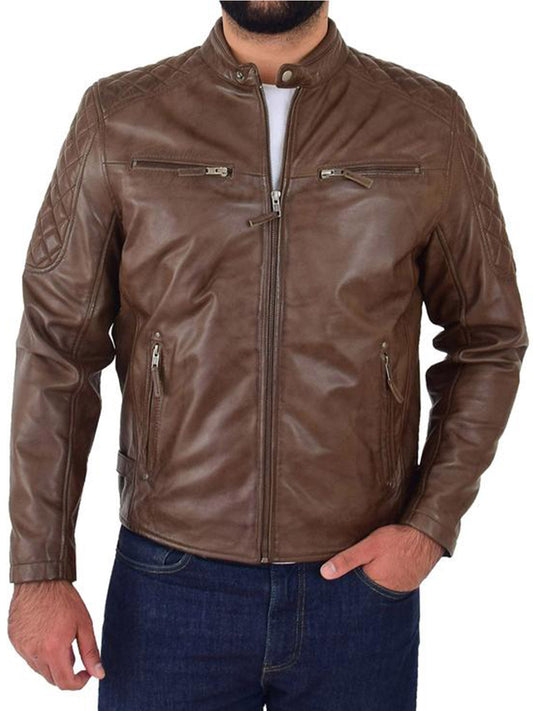 Biker Mens Leather Style brown Jacket