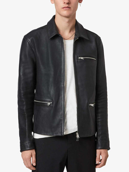 Mens Black Leather Stand Collar Biker Jacket