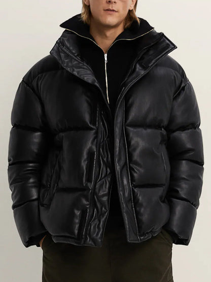 Mens Faux Leather Puffer Jacket