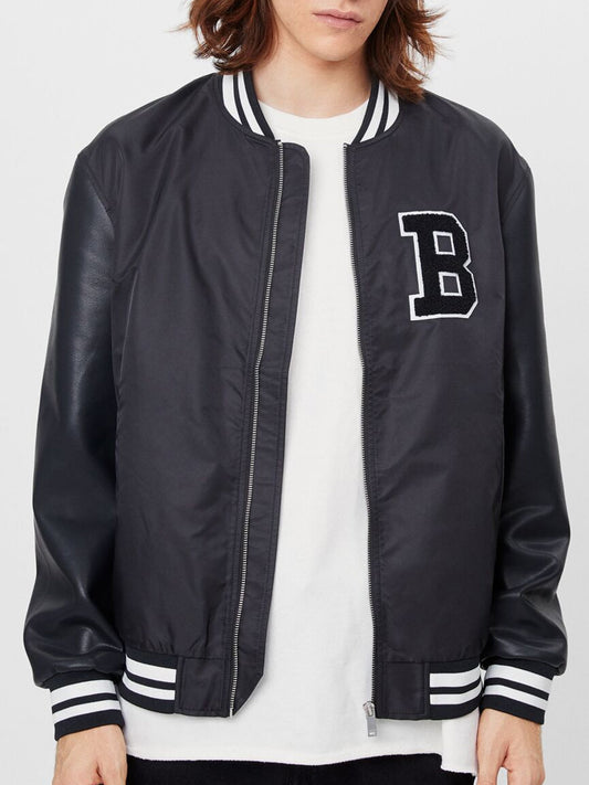 Mens Polyester Black Biker Bomber Jacket