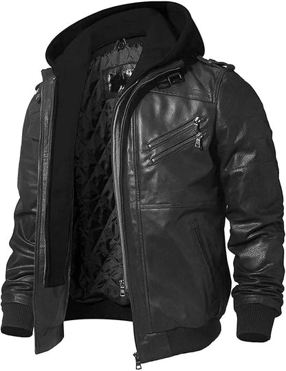 Mens Leather Bomber Jacket With Removable Hood