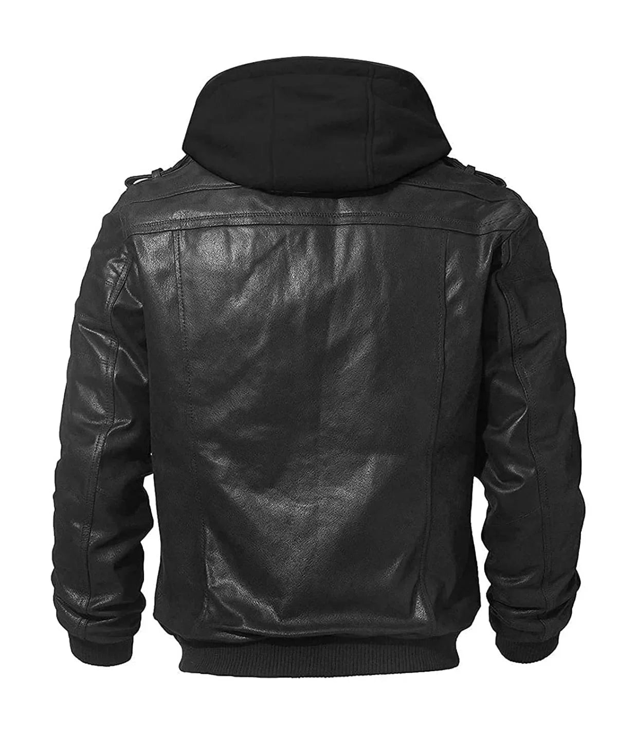 Mens Leather Bomber Jacket With Removable Hood