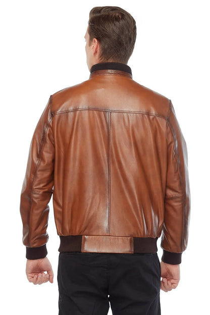 Men's Brown Leather Bomber Jacket - Frozva