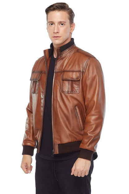 Men's Brown Leather Bomber Jacket - Frozva