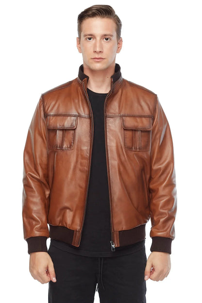 Men's Brown Leather Bomber Jacket - Frozva