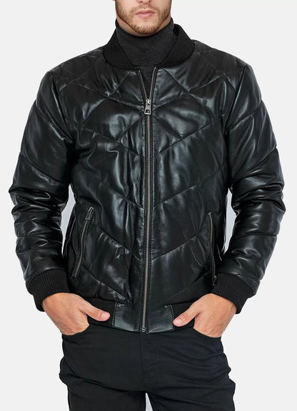 Mens Diamond Stitched Style Leather Bomber Jacket