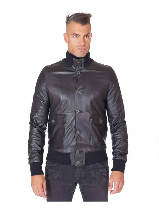 Mens Genuine Black Leather Bomber Jacket