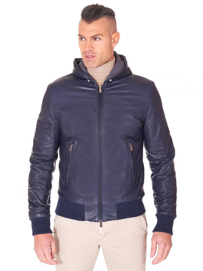 Blue Hooded Natural leather bomber jacket