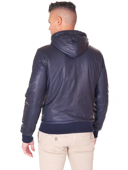 Blue Hooded Natural leather bomber jacket