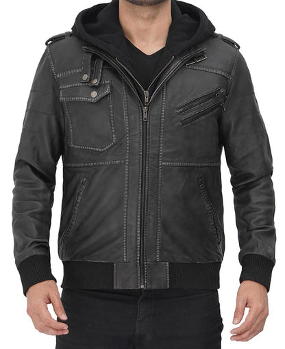 Mens Leather Bomber Jacket With Removable Hood