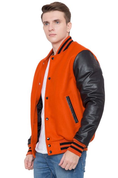 Black Leather Sleeves Orange Wool Varsity Jacket